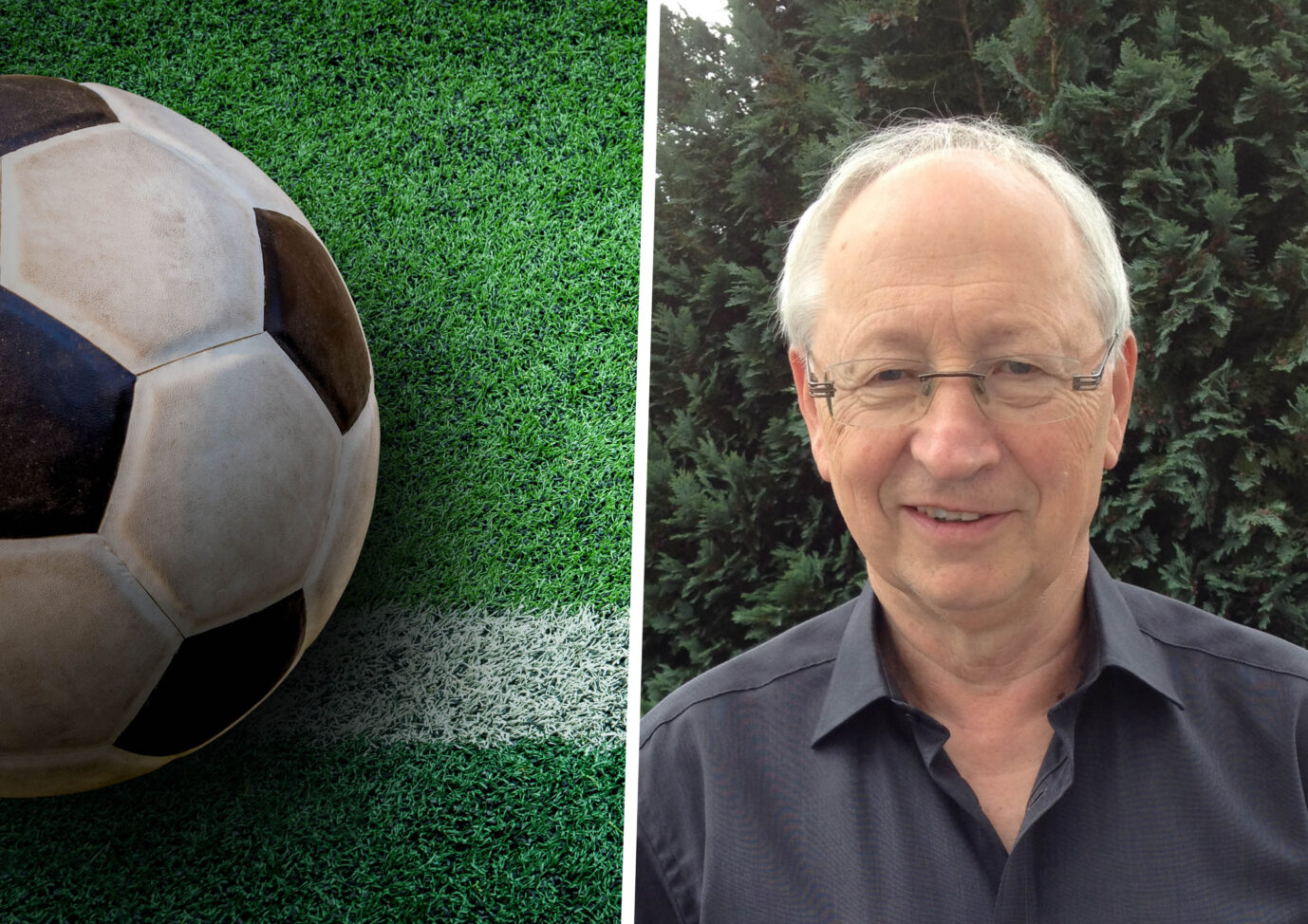 Auf der Collage befindet sich ein Fußball auf dem Rasen. Rechts davon Historiker Günther Scholdt. (Themenbild/Collage)