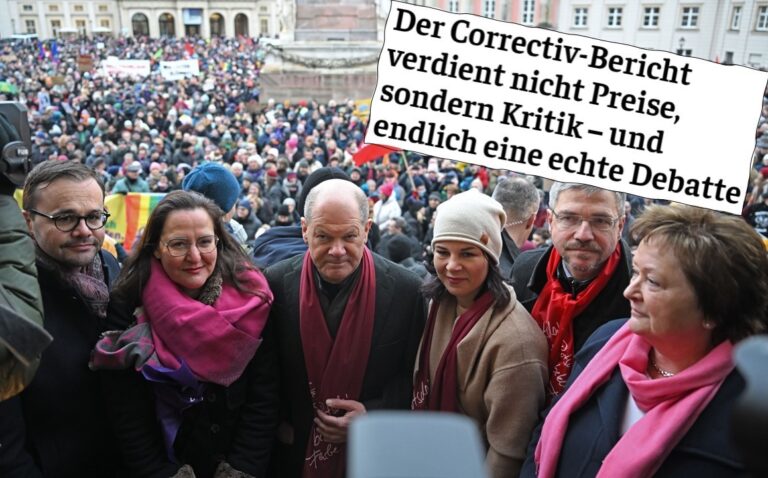 Brandenburgs CDU-Chef Jan Redmann, Landeskulturministerin Manja Schüle (SPD), Bundeskanzler Olaf Scholz (SPD), Außenministerin Annalena Baerbock (Grüne) und Potsdams OB Mike Schubert (SPD) demonstrieren wegen „Correctiv“ gegen Rechts (v.l.n.r). Foto: picture alliance/dpa | Sebastian Gollnow