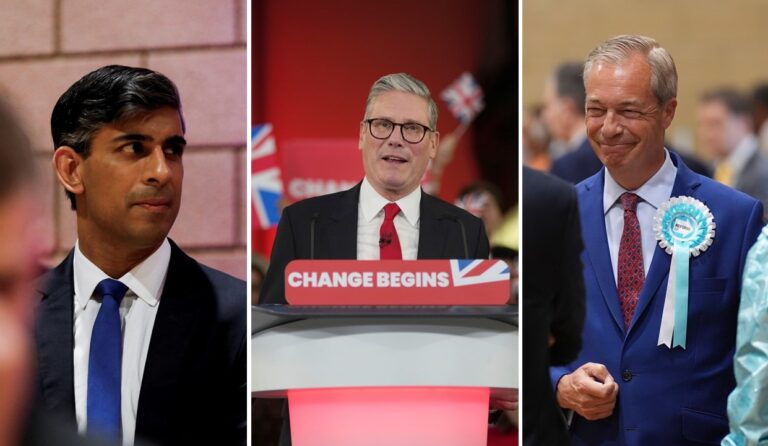 Der designierte britische Premierminister Keir Starmer (Mitte). Regierungschef Sunak (links) ist abgewählt, Nigel Farage (rechts) erstmals im Unterhaus. Fotos: picture alliance (3)/ empics (2) | Temilade Adelaja | Joe Giddens & AP | Kin Cheung