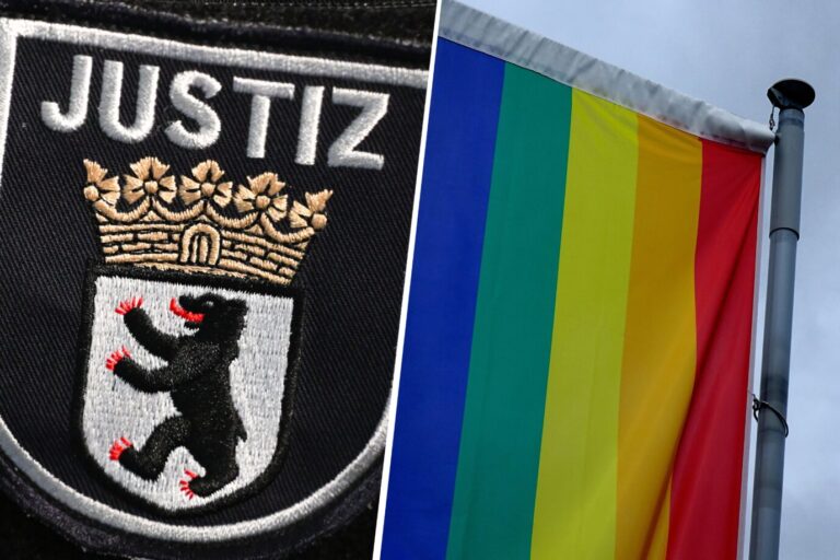 Regenbogenfahne & Wappen der Justizbehörden Berlins wie die Gender-Aktivisten und Anwältin Lucy Chebout neue Richterin am Landesverfassungsgerichtshof geworden ist: urteilen immer mehr Verfassungsrichter mit LGBTQ-Ideologie über Landesverfassungen und das Grundgesetz? Foto: picture alliance/dpa, Sören Stache & Sascha Steinach, ZB