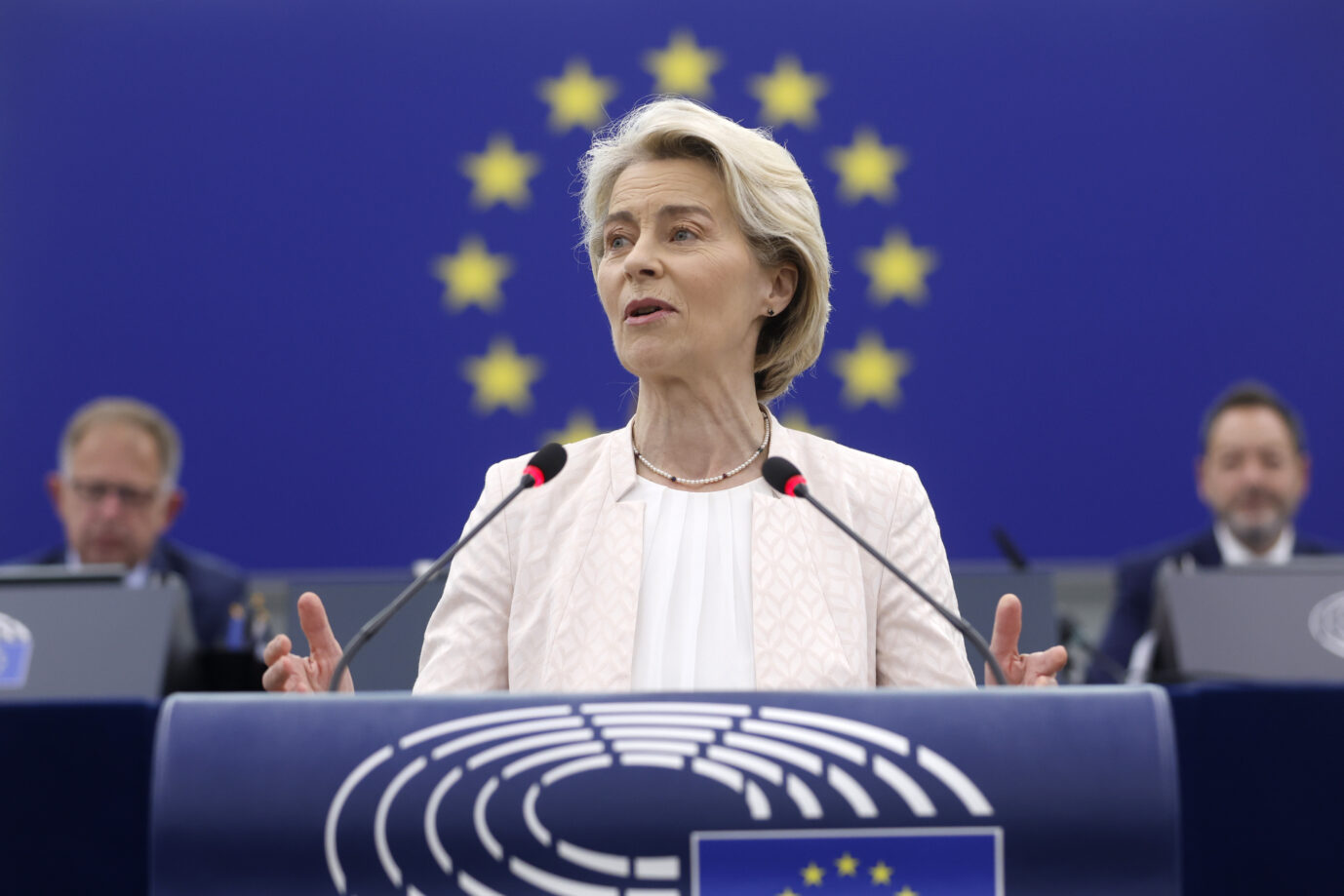 European Commission President Ursula von der Leyen addresses the plenary at the European Parliament in Strasbourg, eastern France, Thursday, July 18, 2024. Ursula von der Leyen was making her final pitch Thursday to lawmakers at the European Parliament ahead of a vote on whether to grant her a second five-year term as president of the European Union's executive commission. (AP Photo/Jean-Francois Badias)