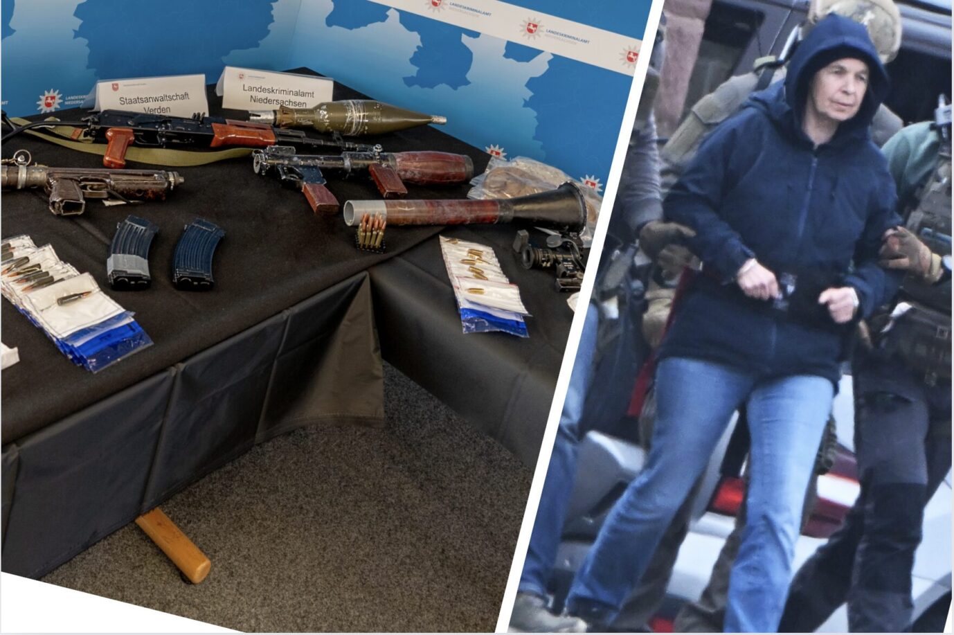 Schußwaffen, darunter eine Kalaschnikow und eine Panzerfaust-Attrappe liegen auf einem Tisch, Ex-RAF-Mitglied DanielaKlette in Handschellen