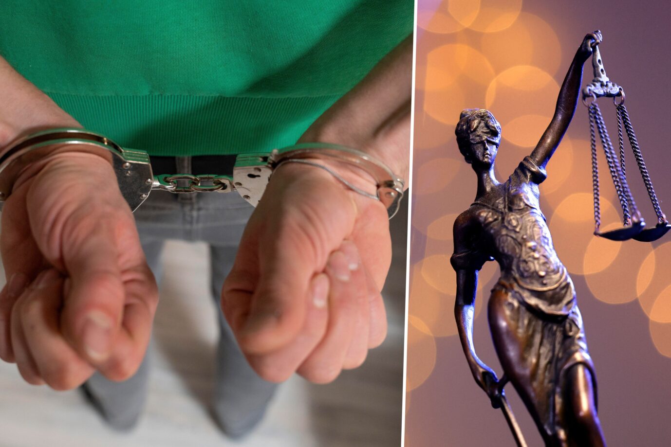 Das Foto ist ein Symbolbild aus zwei Fotos. Links zu sehen sind Handschellen und rechts die Justizia. Ein mutmaßlicher linksextremer Gewalttäter wurde nach Ungarn abgeschoben.