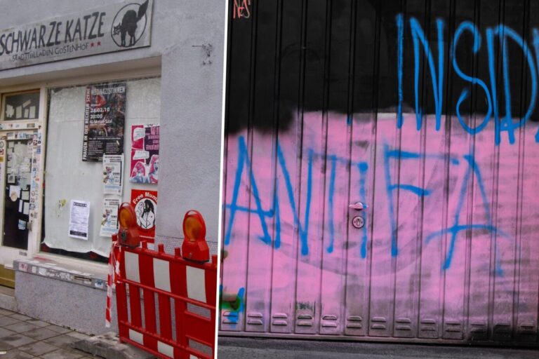 Das Bild ist eine Montage aus zwei Fotos. Linkst ist der Antifa-Szeneladen „Schwarze Katze“, rechts ein Graffiti der Antifa.