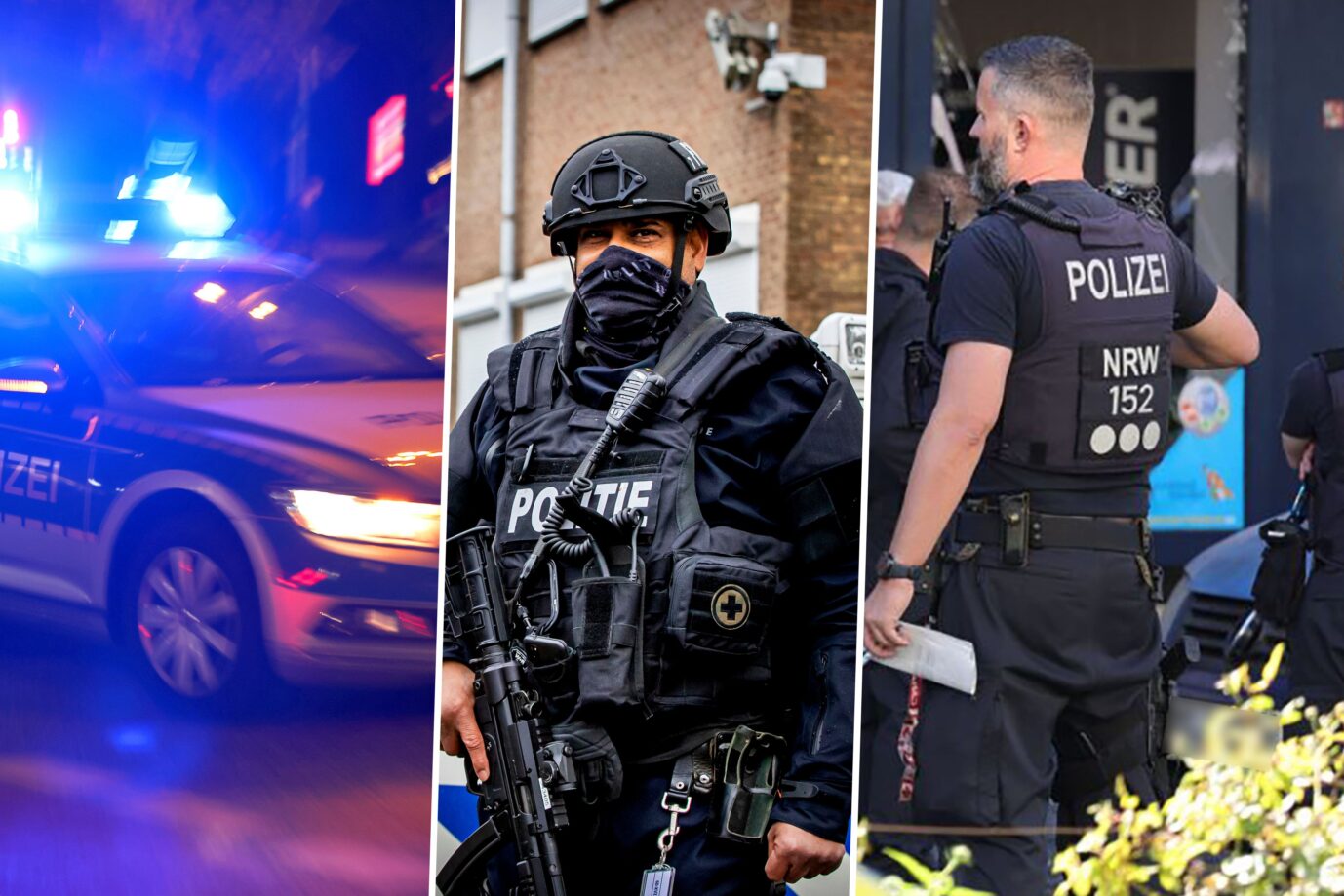 Das Bild ist eine Montage aus drei Fotos. Links zu sehen ist ein Polizeiauto mit Blaulicht. In der Mitte ist ein schwerbewaffneter niederländischer Polizist vor einem Amsterdamer Gerichtssaal und rechtes sind Polizisten am Tatort des Sprengstoffanschlags von Solingen. Die niederländische „Mocro-Mafia“ schwappt langsam Fuß in NRW.
