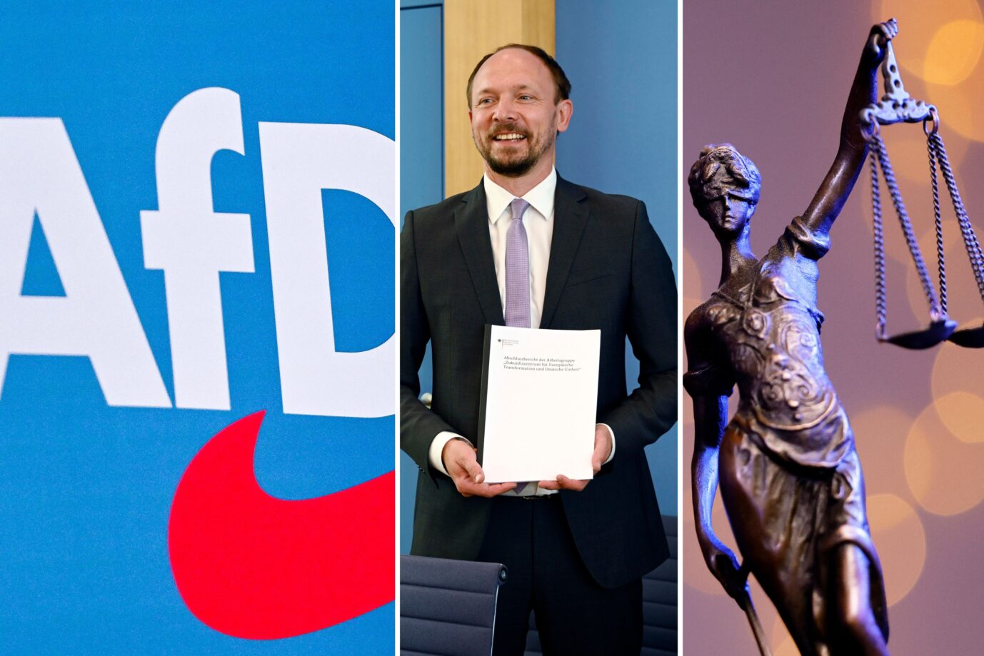 Das Bild ist eine Montage aus drei Fotos. Links zu sehen ist das Logo der AfD, in der Mitte ist der CDU-Politiker Marco Wanderwitz und rechts im Bild ist ein Foto der Justizia.