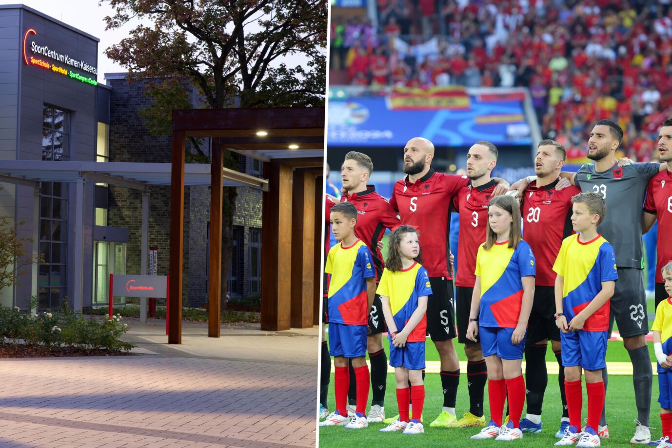 Das Bild ist eine Montage aus zwei Fotos. Links zu sehen ist das Sportzentrum Kaiserau und rechts die albanische Nationalmannschaft. Ein Mannschaftsbetreuer soll eine Hotelangestellte vergewaltigt haben.