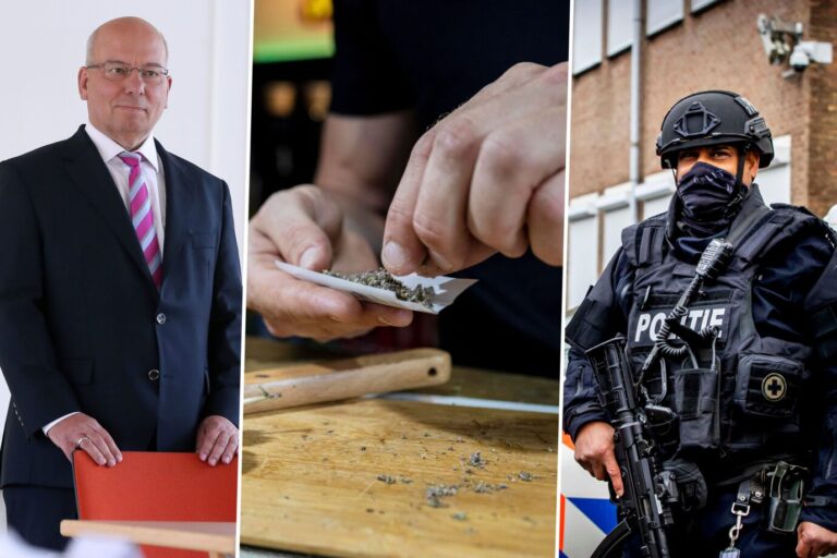 Das Bild ist eine Montage aus drei Fotos. Links zu sehen ist der Chef der Deutschen Polizeigewerkschaft, Rainer Wendt. In der Mitte ist ein Mann, der sich eine Cannabis-Zigarette dreht und rechts ein Polizist, der einen Amsterdamer Gerichtssaal bewacht.