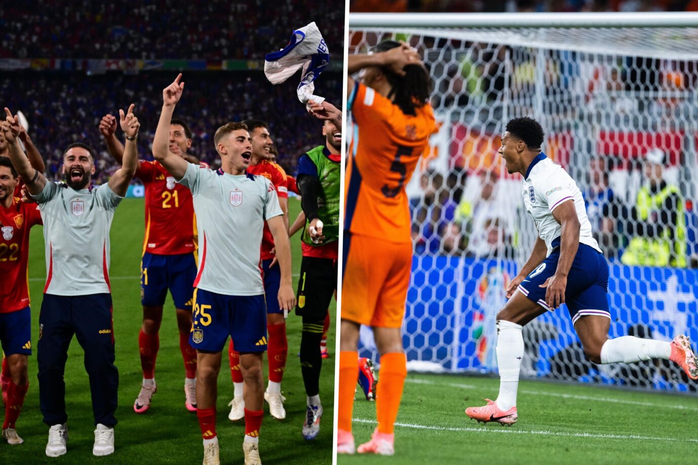 Das Bild ist eine Montage aus zwei Fotos. Links zu sehen sind jubelnde Spanier. Rechts zu sehen ist der jubelnde Fußballer Ollie Watkins und ein trauriger Holländer.