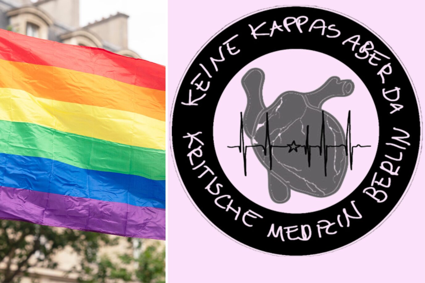 Das Bild ist eine Montage aus zwei Fotos. Links ist eine Regenbogenfahne, rechts das Logo einer linken Medizinergruppe.Die Charité steht derzeit wegen einer woken Veranstaltung in der Kritik.