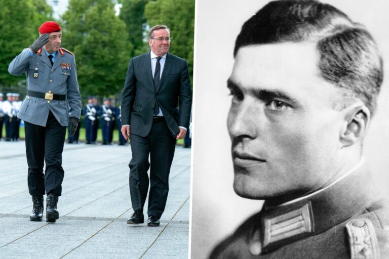 Das Bild ist eine Montage aus zwei Fotos. Links ist zu sehen: Carsten Breuer und Boris Pistorius beim feierlichen Gelöbnis der Bundeswehr-Rekruten. Rund 400 Rekruten legen im Gedenken an den Deutschen Widerstand vom 20. Juli 1944 ihr Gelöbnis auf dem Paradeplatz des Bundesministeriums der Verteidigung ab. Berlin, 20.7.2023. Rechts zu sehen ist Claus Schenk Graf von Stauffenberg.