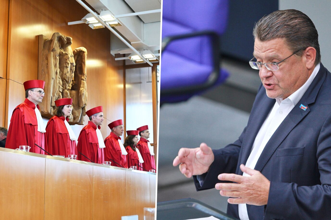 Das Bild ist eine Montage aus zwei Fotos. Links zu sehen ist der erste Senat des Bundesverfassungsgerichts. Rechts zu sehen ist der AfD-Politiker Stephan Brandner.