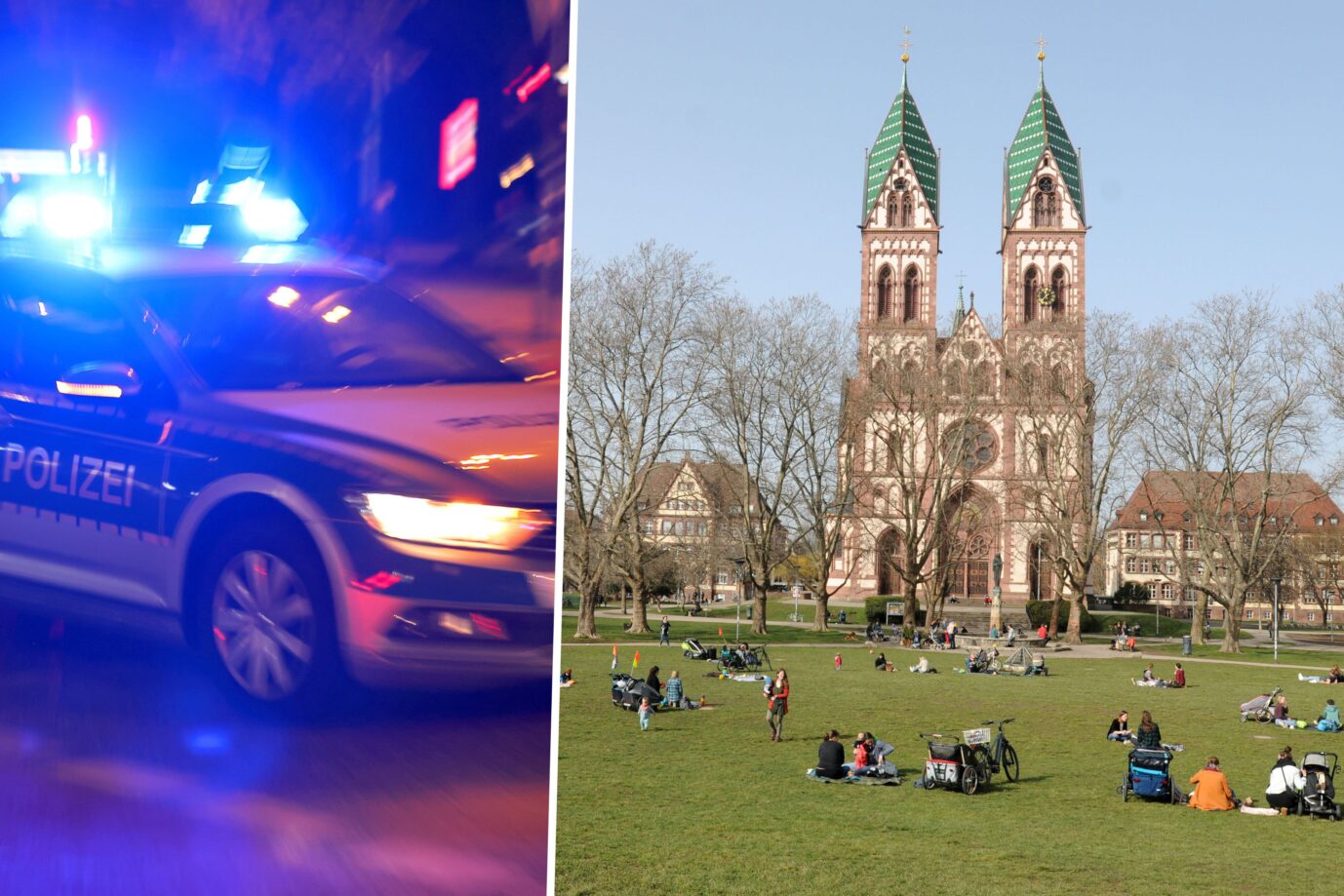Das Bild zeigt ein Polizeiauto und den Stühlinger Kirchplatz in Freiburg, wo Passanten auf einen auffälligen Algerier aufmerksam wurden und die Polizei alarmierten.