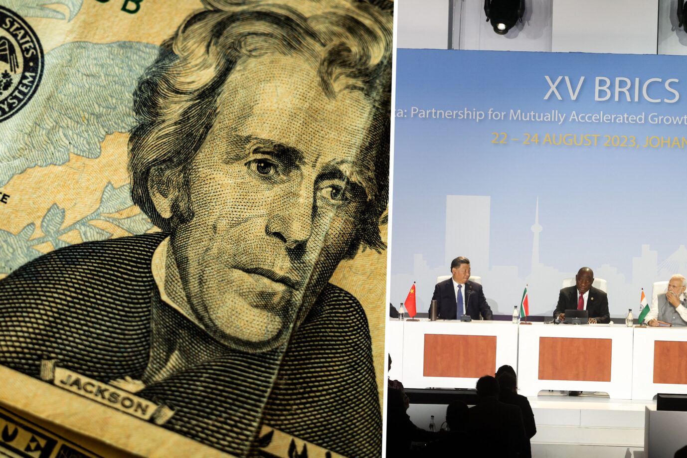 Die Bildmontage zeigt eine Dollarnote und ein BRICS-Treffen.