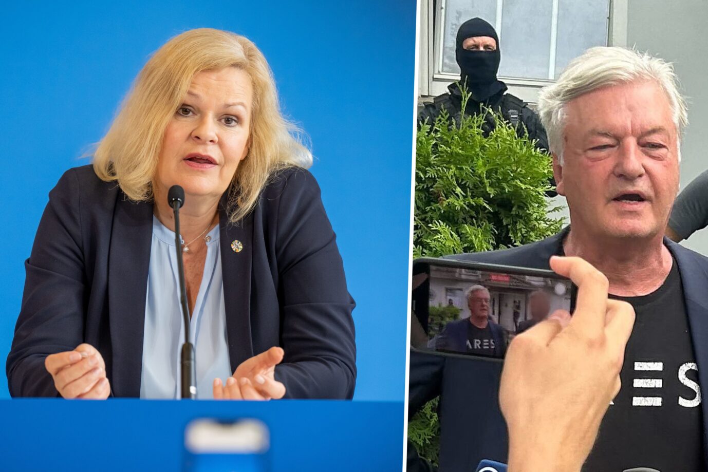 Das Bild ist eine Montage aus zwei Fotos. Das eine zeigt Nancy Faeser, das andere den „Compact“-Chefredakteur Jürgen Elsässer.