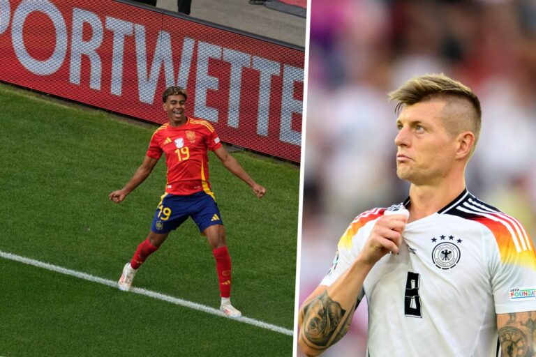 Das Bild ist eine Montage aus zwei Fotos. Links ist Spaniens Lamine Yamal und rechts der deutsche Toni Kroos.