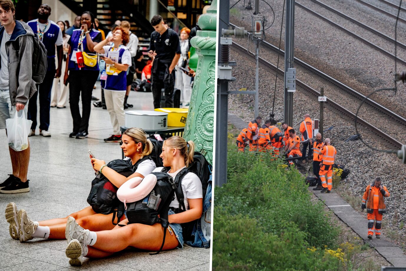 Das Bild ist eine Montage aus zwei Fotos. Links sind wartende Bahnfahrer in Frankreich. Rechts zu sehen sind Bahnmitarbeiter, die sich nach einem Brandanschlag um die Schienen kümmern.