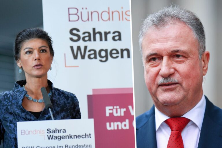 Vereint im Clinch mit dem Bahnvorstand: BSW-Chefin Sahra Wagenknecht und GDL-Vorsitzender Claus Weselsky (CDU) JF-Montage: picture alliance / Geisler-Fotopress | Bernd Elmenthaler/Geisler-Fotopr/ picture alliance / NurPhoto | Marten Ronneburg