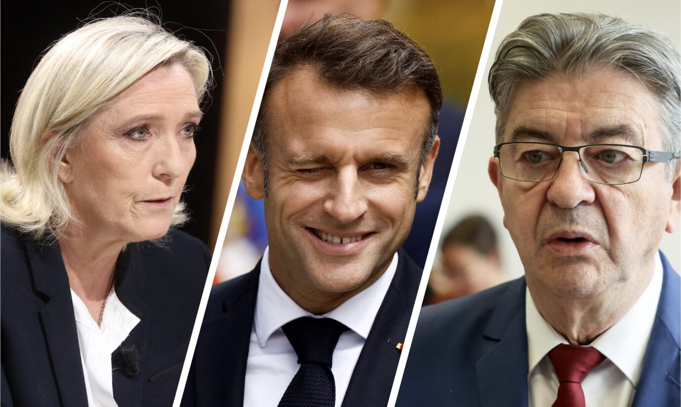 Bildmontage zur Frankreich-Wahl mit Le Pen, Macron und Melenchon