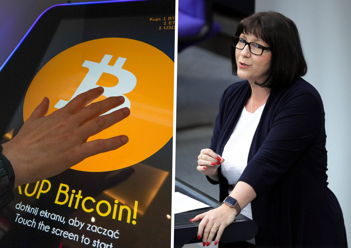 Links in der Collage befindet sich eine Bitcoin-Werbung in Krakau. Rechts Bundestagsabgeordnete Joana Cotar. (Themenbild/Montage)