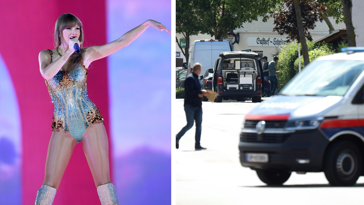 Taylor Swift bei einem ihrer vorigen Konzerte. Rechts der Polizeieinsatz bei einem Tatverdächtigen in Ternitz.