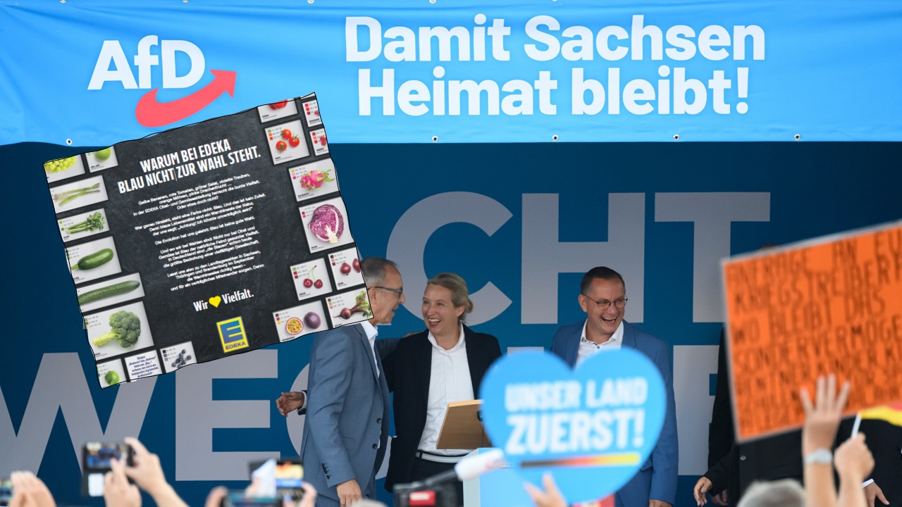 AfD-Wahlkampf in Sachsen mit Spitzenkandidat Jörg Urban und den Bundessprechern Alice Weidel und Tino Chrupalla. Oben links der ein Ausriß aus der Edeka-Kampagne.