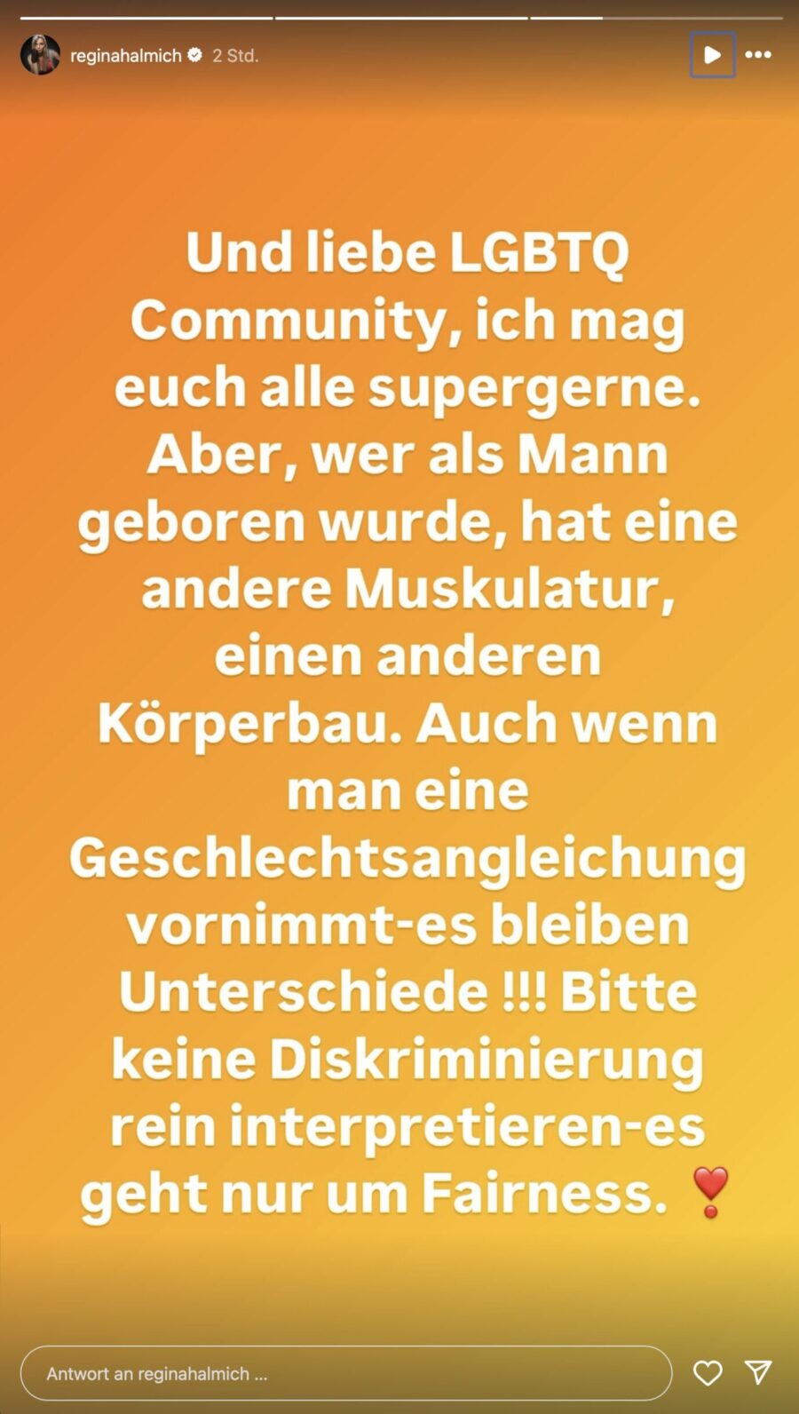 Der Instagram-Beitrag von Regina Halmich. Sie kritisiert die Teilnahme von Trans-Boxerinnen in der Frauenkategorie.