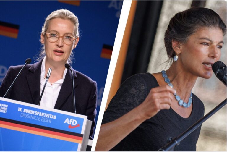 AfD-Vorsitzende Alice Weidel und BSW-Chefin Sahra Wagenknecht sprechen auf öffentlichen Veranstaltungen. Beide haben im Zusammenhang mit dem Anschlag in Solingen die Ampel-Koalition kritisiert