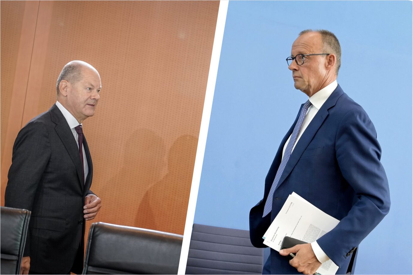 Bundeskanzler Olaf Scholz (SPD) läuft auf den CDU-Vorsitzenden Friedrich Merz zu