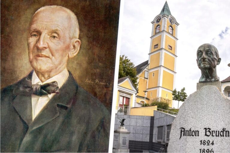 Auf einem Gemälde, das den romantischen Musikkomponisten Anton Bruckner darstellt, schaut der Musiker würdevoll am Betrachter vorbei, vor einer Kirche in Ansfelden, Österreich steht eine Büste Bruckners