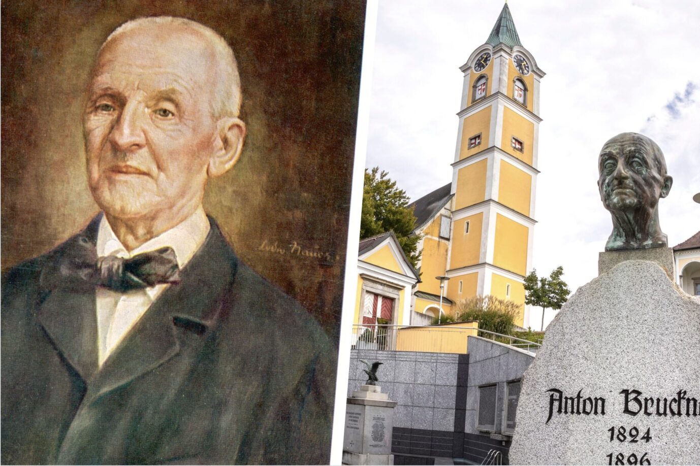 Auf einem Gemälde, das den romantischen Musikkomponisten Anton Bruckner darstellt, schaut der Musiker würdevoll am Betrachter vorbei, vor einer Kirche in Ansfelden, Österreich steht eine Büste Bruckners