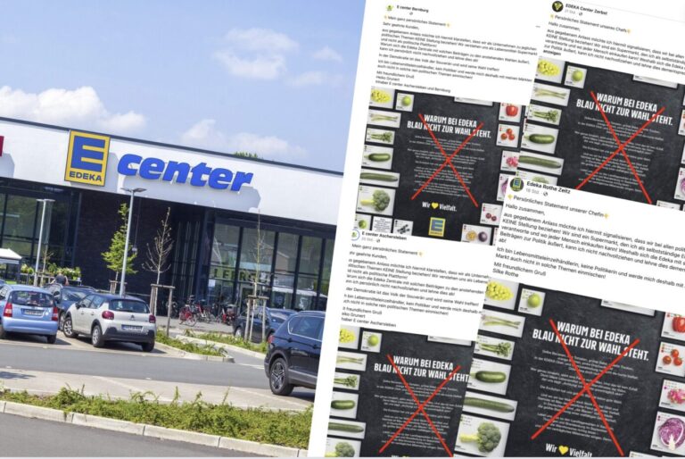 Der Haupteingang einer Edeka-Zweigstelle in Lilienthal in Niedersachsen / Daneben Screenshots der Facebook-Posts verschiedener Edeka-Betreiber aus Sachsen-Anhalt, die keinen Bock auf das woke Rumgeflenne ihrer Mutterfirma haben