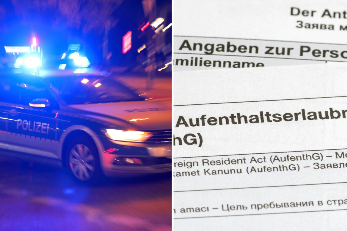 Das Bild zeigt Blaulicht der Polizei in Hamburg und eine Aufenthaltserlaubnis. Ein 18jähriger Afghane in der Stadt ist sehr kriminell. Er ist Intensivtäter.