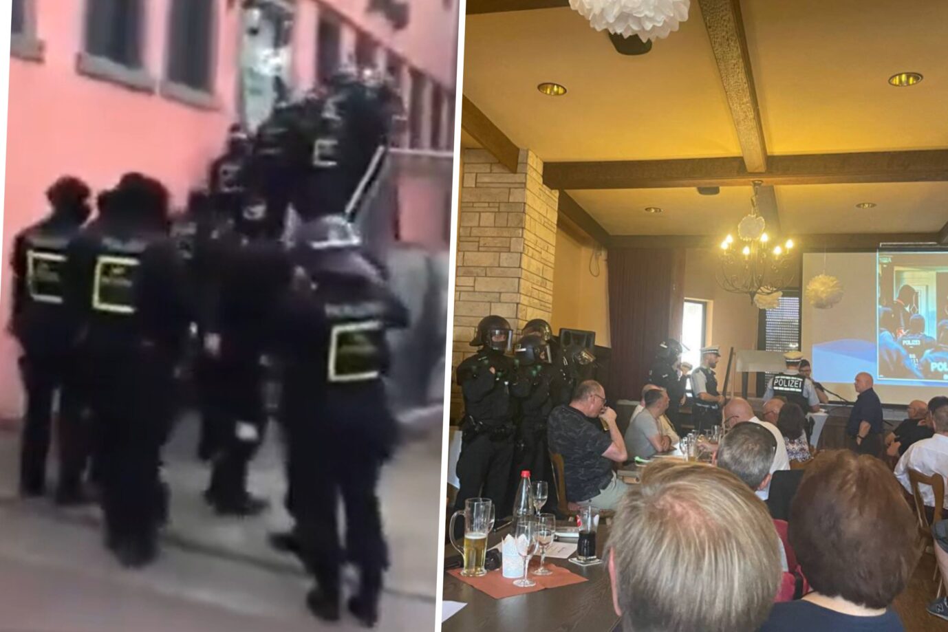 Das Bild ist eine Montage aus zwei Fotos, die zeigen, wie die Polizei einen Vortrag von Martin Sellner unterbricht.