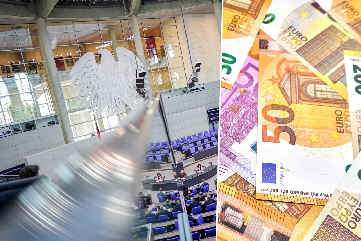 Das Bild zeigt den Bundestag und viel Bargeld. Die Union erhält die meisten Fraktionsmittel.