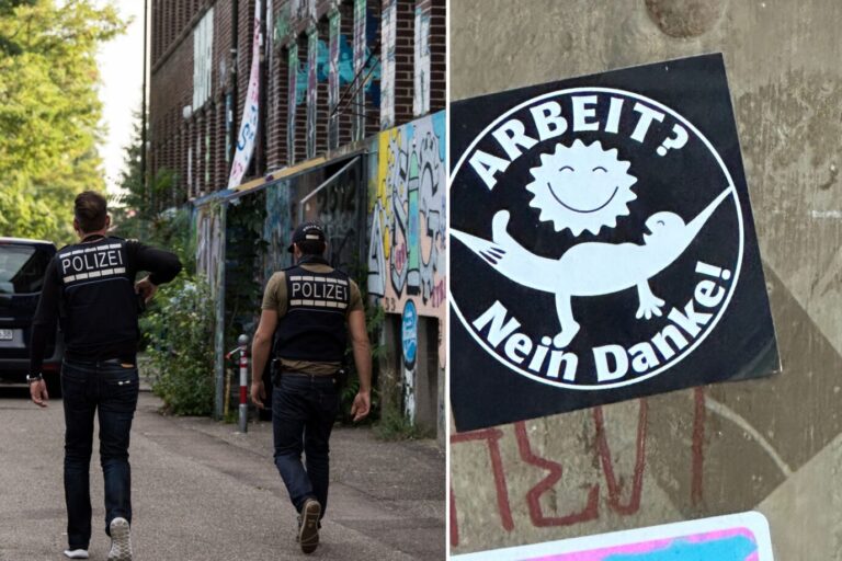 Das Bild zeigt Polizisten vor einem Antifa-Haus und einen linken Aufkleber.