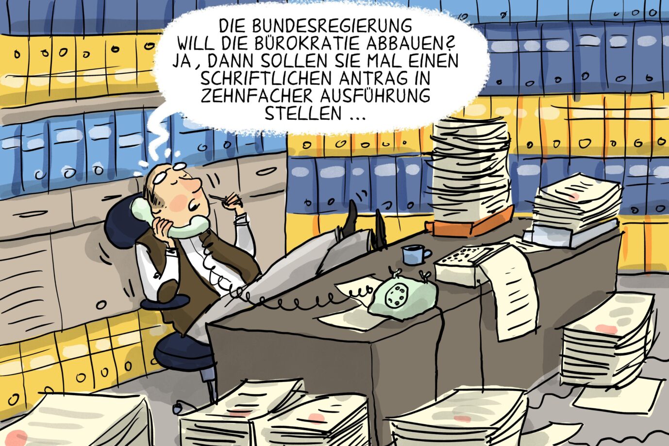 Der Cartoon zeigt satirisch das Ausmaß der Bürokratie in Deutschland.