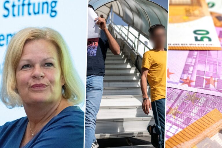 Auf dem Bild ist Nancy Faeser von der SPD, Afghanen bei der Abschiebung und viel Bargeld zu sehen. Viele geplante Ausreisen in Deutschland scheitern.