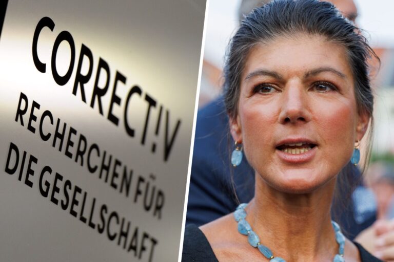 Das Bündnis Sahra Wagenknecht (BSW) kündigte eine umfassende Antwort auf die Recherchen der Plattform „Correctiv“ an Montage: picture alliance / foto2press | Steffen Proessdorf/ picture alliance / dpa | Britta Pedersen