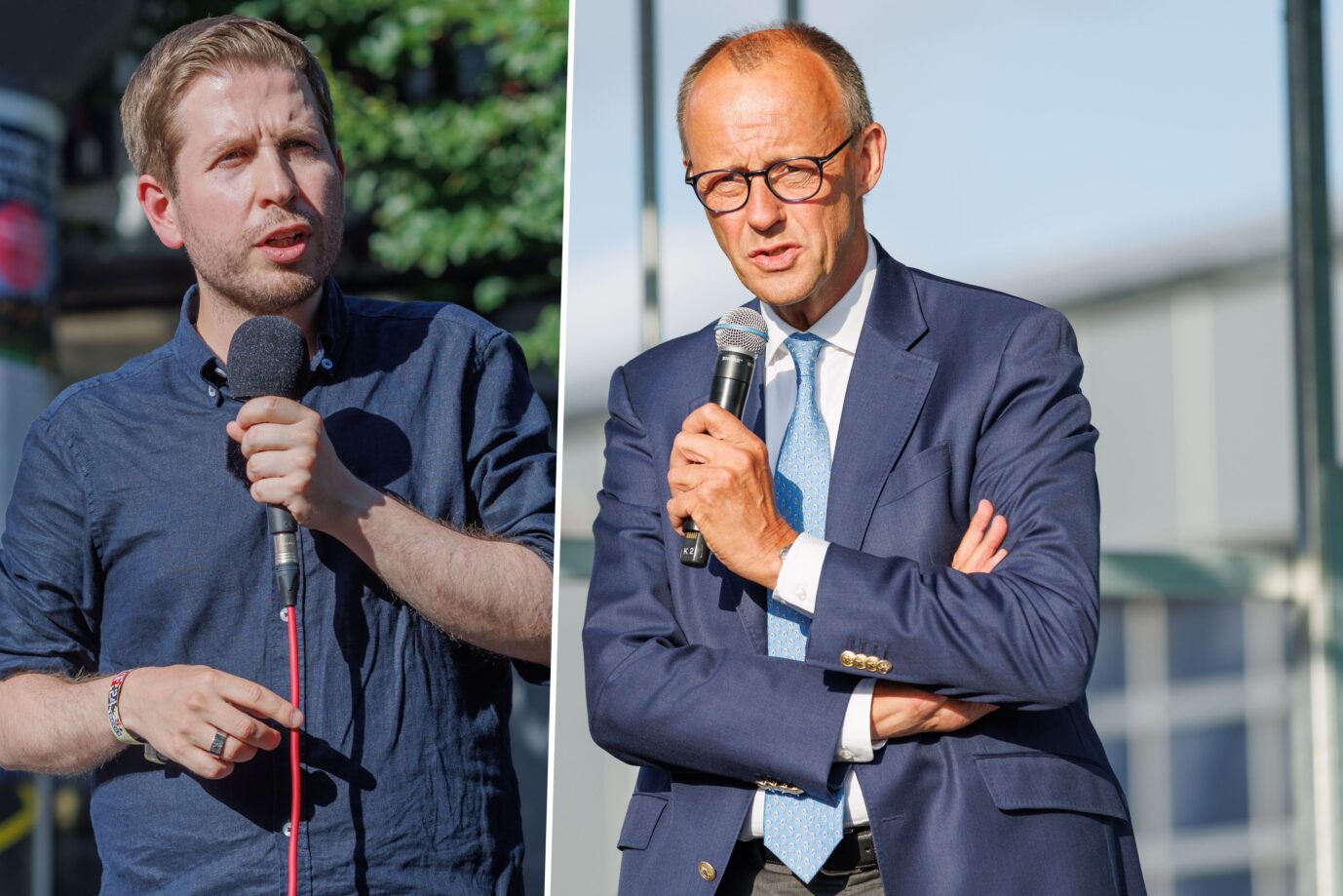 Das Bild zeigt Kevin Kühnert von der SPD und Friedrich Merz von der CDU. Nach dem mutmaßlichen Terroranschlag von Solingen, gehen die Meinungen zur Asylpolitik auseinander.