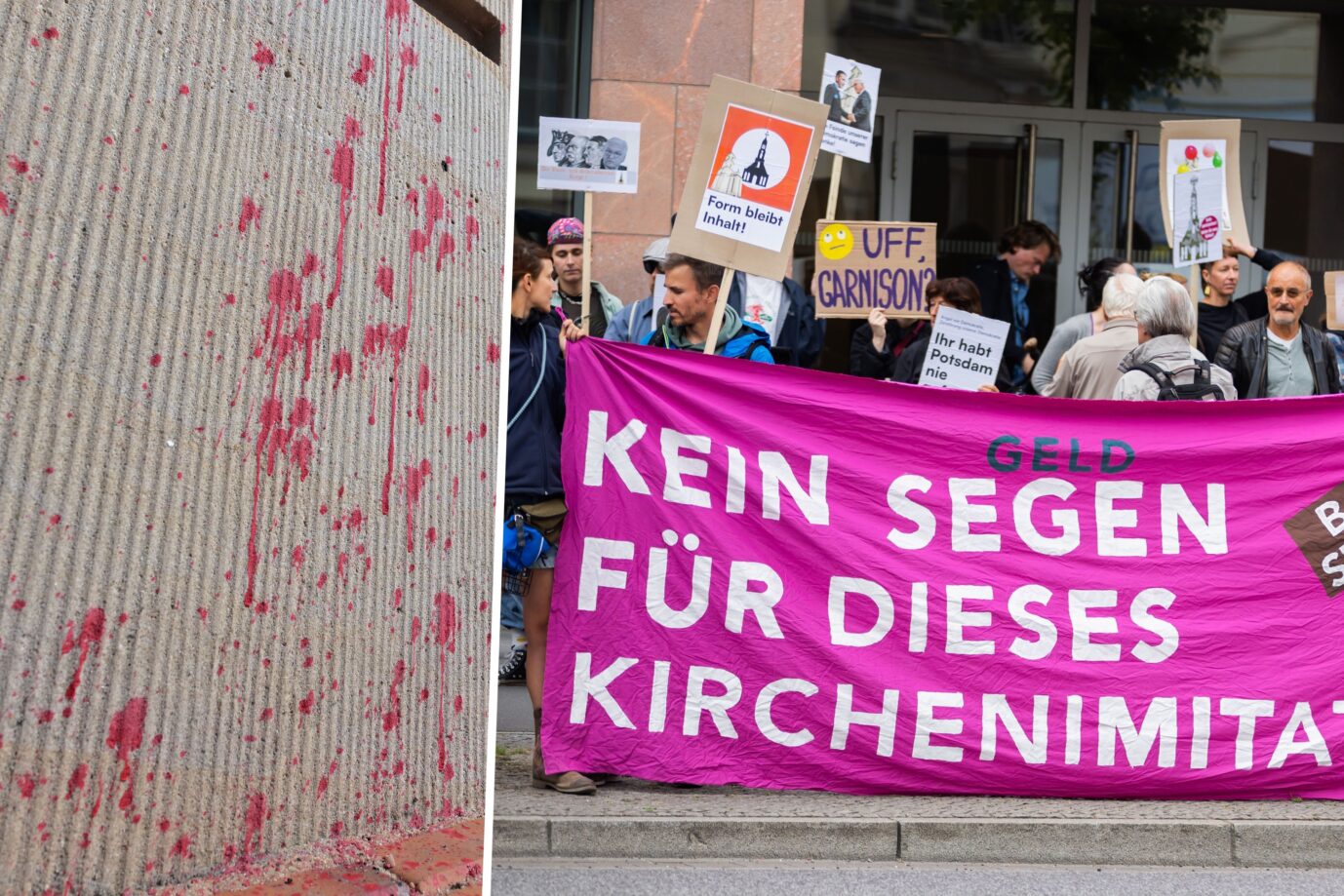 Das Bild zeigt Farbflecken an der Garnisonkirche und linke Demonstranten gegen die Weihung des neu eröffneten Gotteshauses.