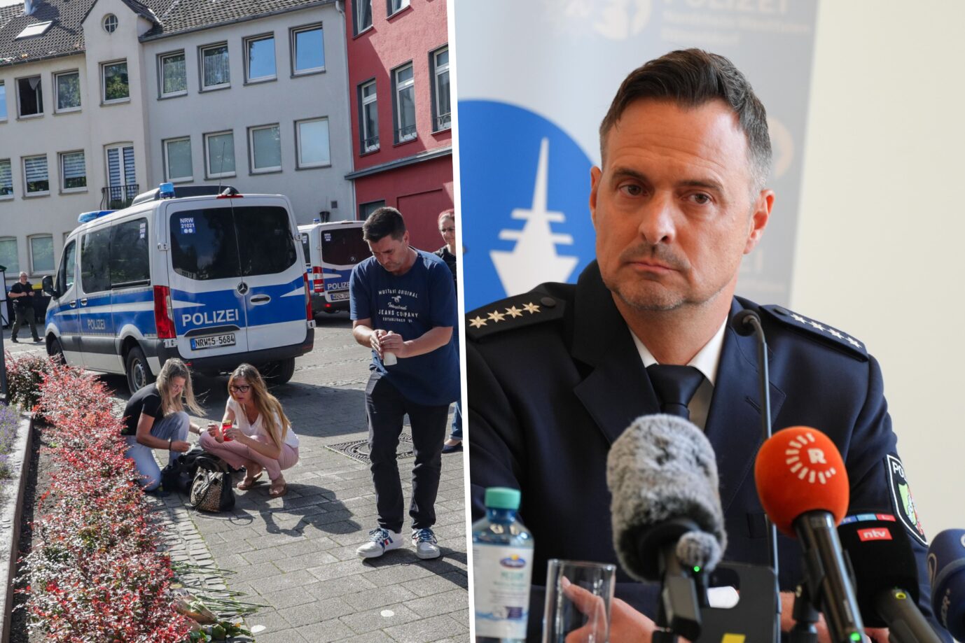 Der Polizeisprecher des Polizeipräsidiums Düsseldorf, Marcel Fiebig, klärt über den aktuellen Ermittlungsstand in Solingen auf - dort versammeln sich Menschen, um gemeinsam zu trauen Montage: picture alliance / Xinhua News Agency | Zhang Fan/ und Flashpic | Jens Krick