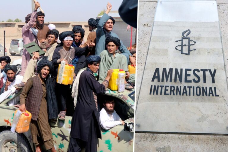 Das Bild zeigt eine Taliban-Parade in Afghanistan und das Logo von Amnesty International.