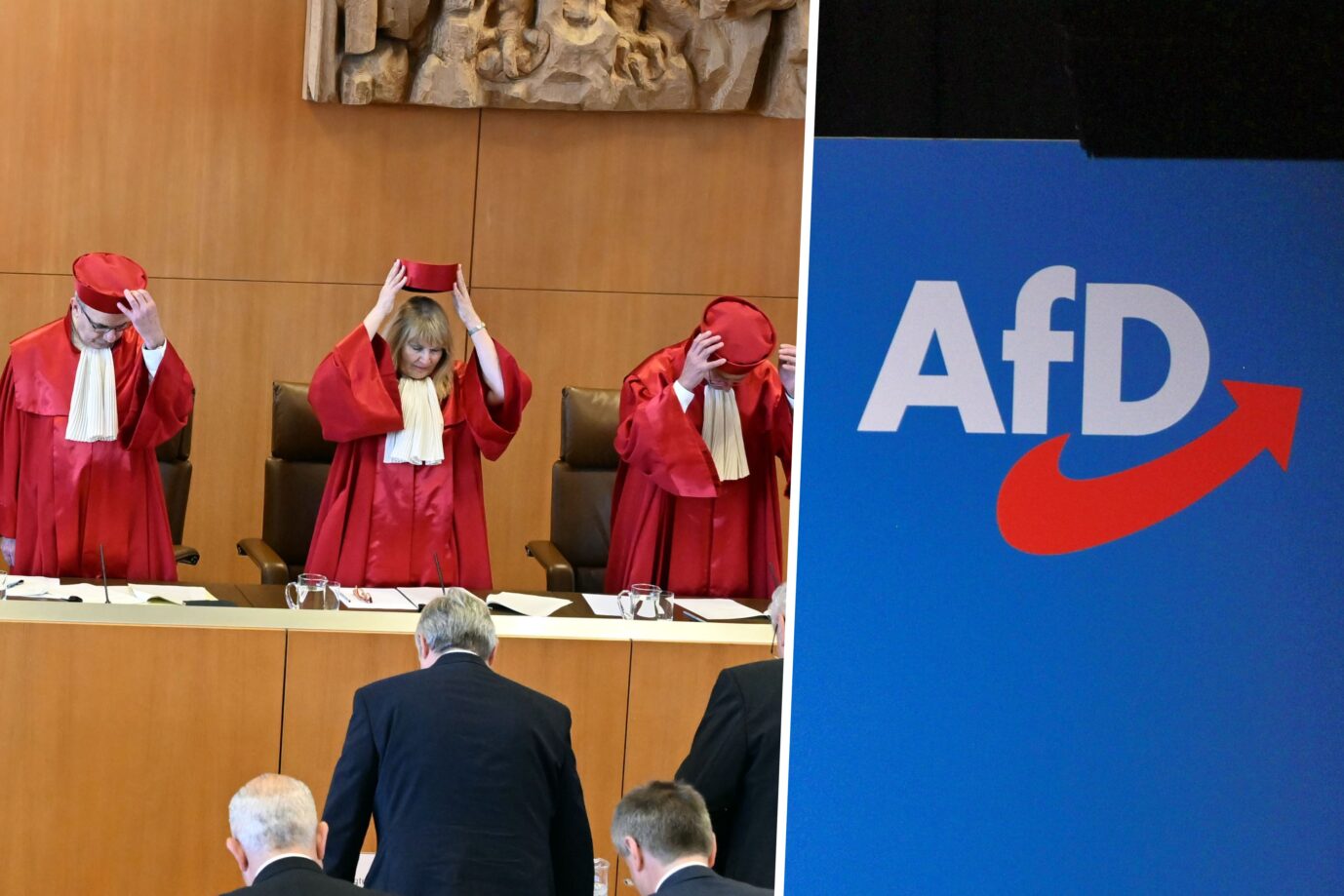 Das Bild zeigt den Der Zweiten Senat des Bundesverfassungsgerichts und das Logo der AfD.