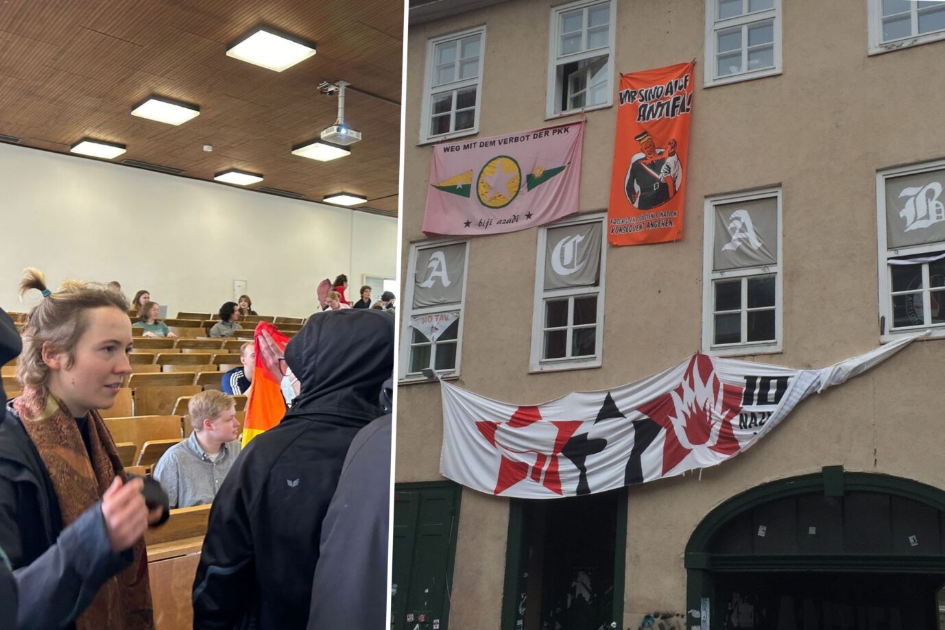 Das Bild zeigt einen Antifa-Protest an der Universität Göttingen und ein Haus in der Roten Straße.