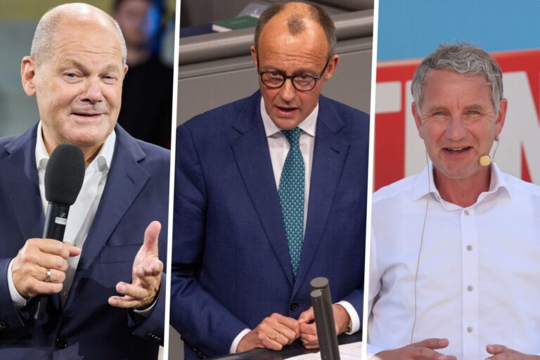 Das Bild zeigt Olaf Scholz, Friedrich Merz und Björn Höcke. Scholz und Merz kritisieren die AfD.