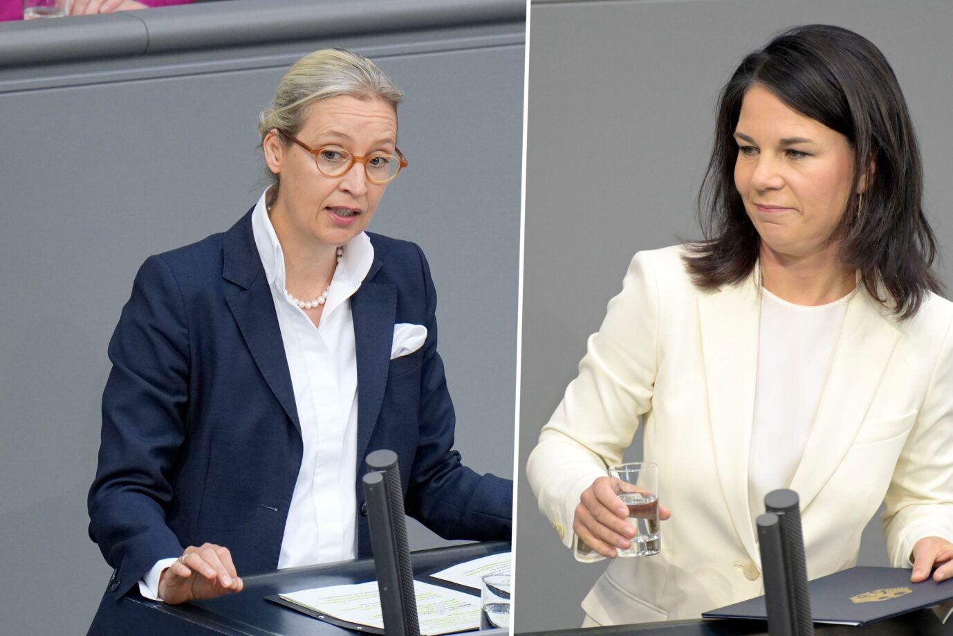 Alice Weidel steht links an einem Pult im Bundestag. Rechts neben ihr steht Annalena Baerbock. Nun geht es um einen Untersuchungsausschuss zur Visa-Affäre.