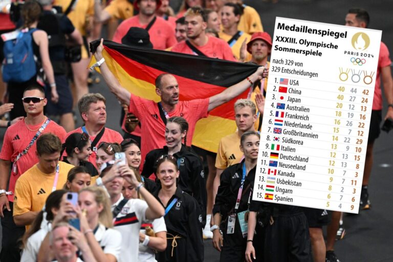 Olympia, Paris 2024, Stade de France, Team Deutschland bei der Schlussfeier. Schlechte Aussichten beim Sport.