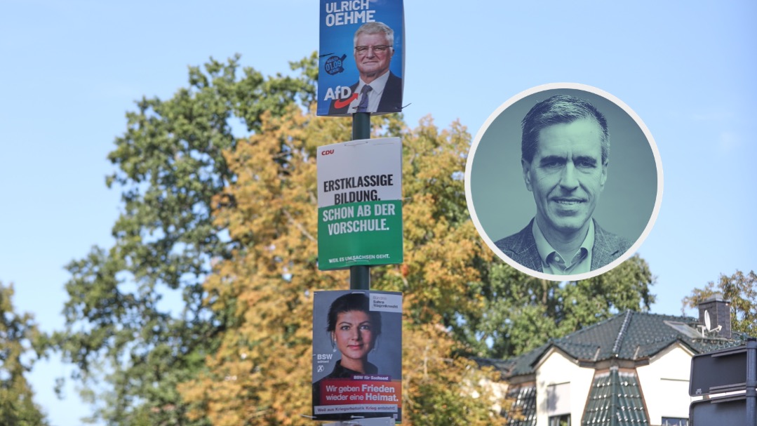 Auf dem Foto befinden sich die Wahlplakate der AfD, CDU und des BSW auf einer Laterne in Sachsen. Die Landtagswahlen drohen zu einem Debakel für die etablierten Parteien werden. (Themenbild/Collage)