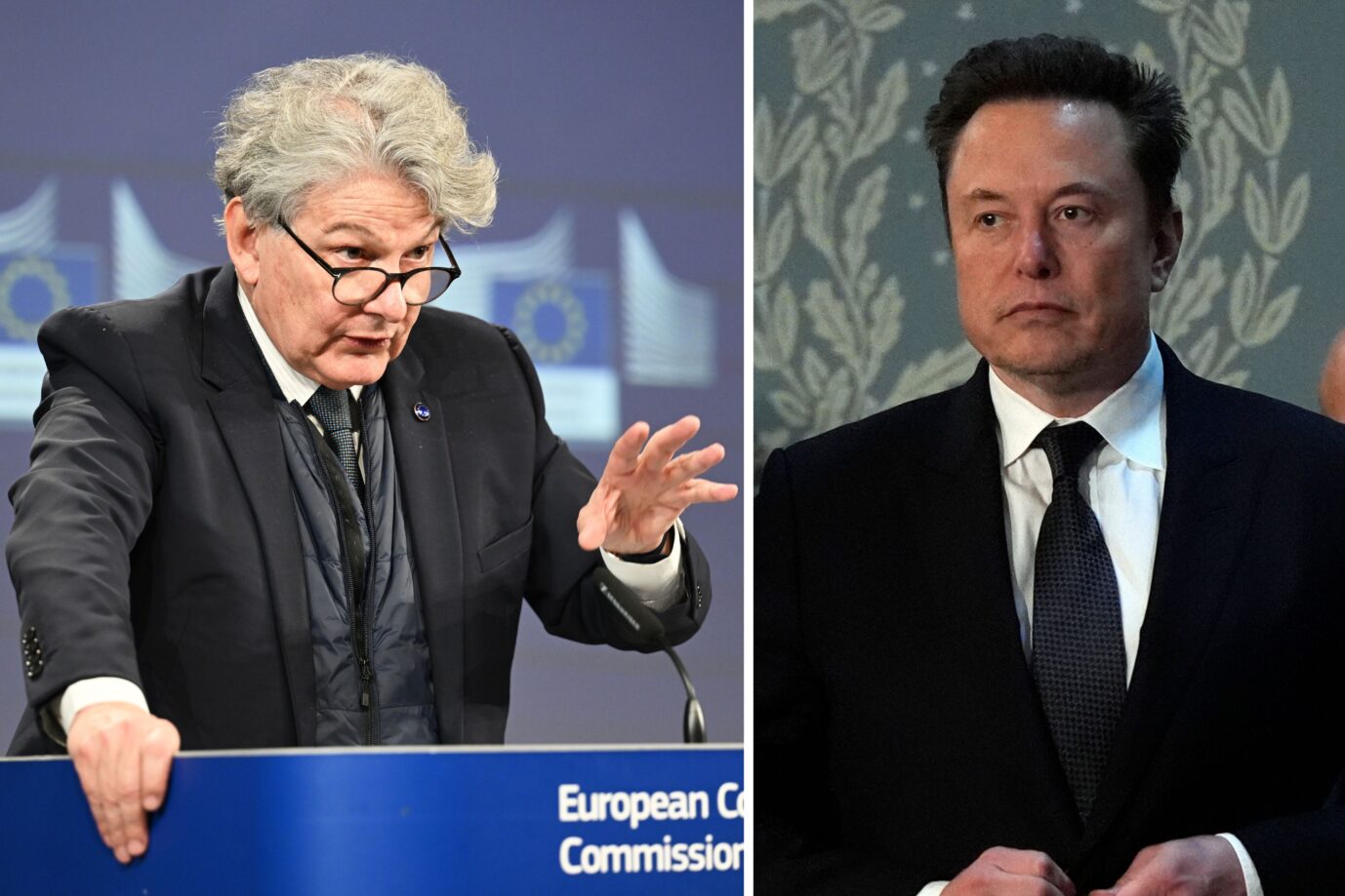 Mit der Kurznachrichtenplattform X will Elon Musk Meinungsfreiheit garantieren. Daran stört sich der EU-Kommissar Thierry Breton und mahnt den Milliardär zur Einhaltung der europäischen „Haßrede“-Gesetze. Musk reagiert humorvoll. Elon Musk trifft ein, bevor der israelische Premierminister Benjamin Netanjahu vor einer gemeinsamen Sitzung des Kongresses im Capitol in Washington spricht, Mittwoch, 24. Juli 2024. EU-Binnenmarktkommissar Thierry Breton spricht auf einer gemeinsamen Pressekonferenz mit dem japanischen Minister für digitale Transformation, Taro Kono (nicht im Bild), und dem japanischen Minister für Inneres und Kommunikation, Takeaki Matsumoto (nicht im Bild), nach dem Treffen des EU-Japan-Rates für digitale Partnerschaft in Brüssel, Belgien, am 30. April 2024. EU-Binnenmarktkommissar Thierry Breton (l) will X-Eigentumer Elon Musk vorschreiben, was er sagen und schreiben darf Foto: picture alliance / Anadolu | Dursun Aydemir / picture alliance / ASSOCIATED PRESS | Julia Nikhinson /// Montage: JF